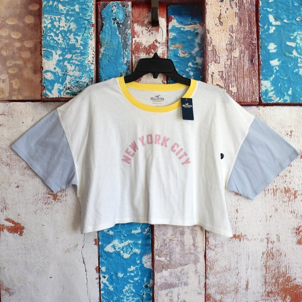 Women's Girls Hollister Tee Crop Oversized Colorblock Graphic LARGE White NEW